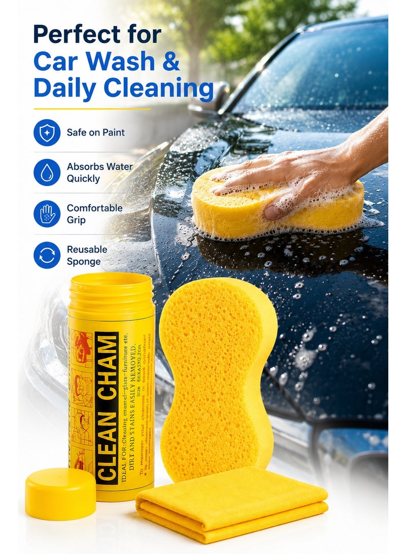 Clean Cham Expanding Super Sponge Cleaning Set for Car Wash, Bathroom, Kitchen and Daily Cleaning with Yellow Sponge, Storage Tube and Microfiber Cloth - Image 3