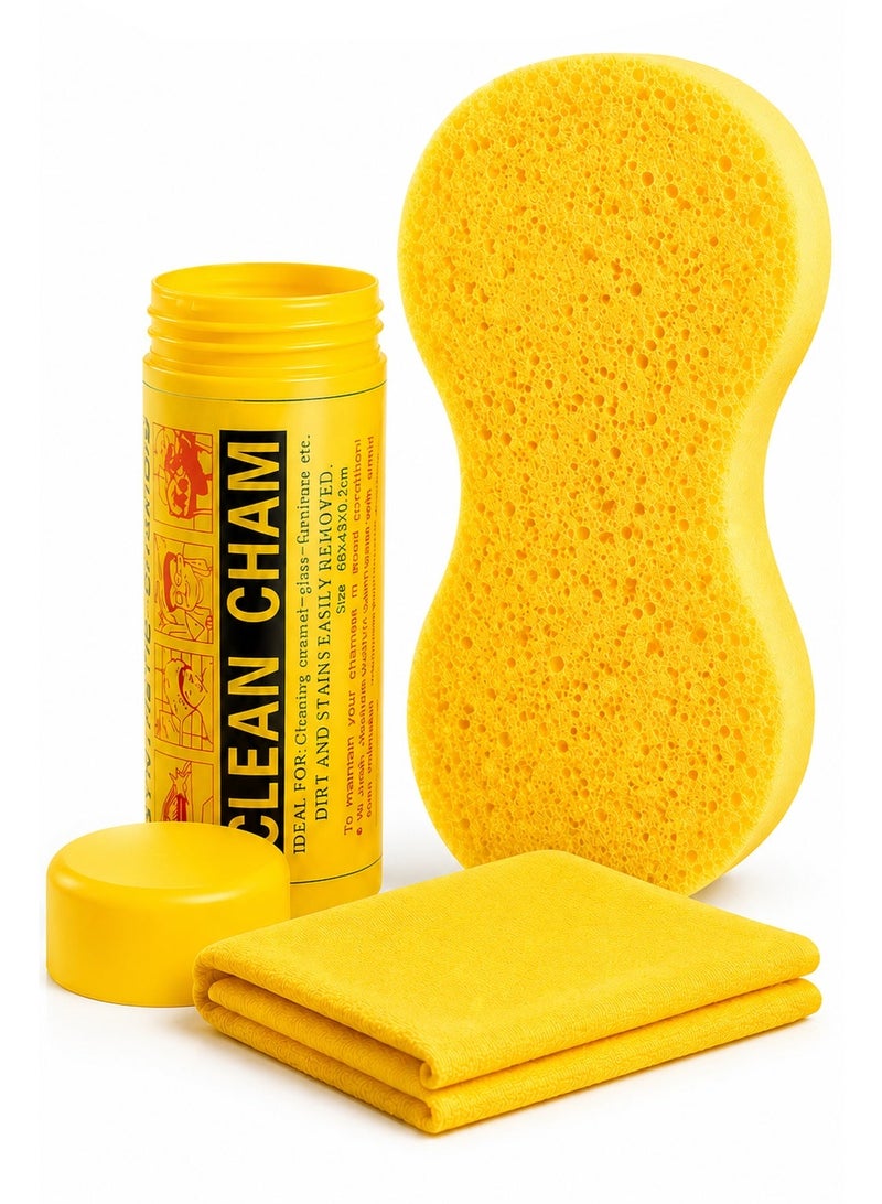 Clean Cham Expanding Super Sponge Cleaning Set for Car Wash, Bathroom, Kitchen and Daily Cleaning with Yellow Sponge, Storage Tube and Microfiber Cloth - Image 1
