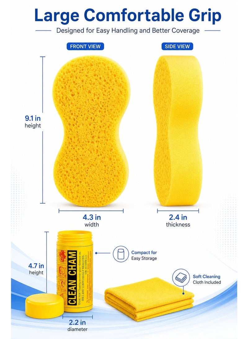 Clean Cham Expanding Super Sponge Cleaning Set for Car Wash, Bathroom, Kitchen and Daily Cleaning with Yellow Sponge, Storage Tube and Microfiber Cloth - Image 2