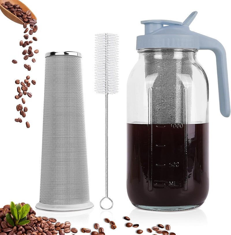QHH Cold Brew Coffee Maker, 64 oz Wide Mouth Mason Jar Pitcher with Stainless Steel Filter, Pour Spout Handle Lid, Heavy Duty Glass Airtight & Leak-Proof Pitcher for iced coffee & Tea Lemonade- Gray - Image 1