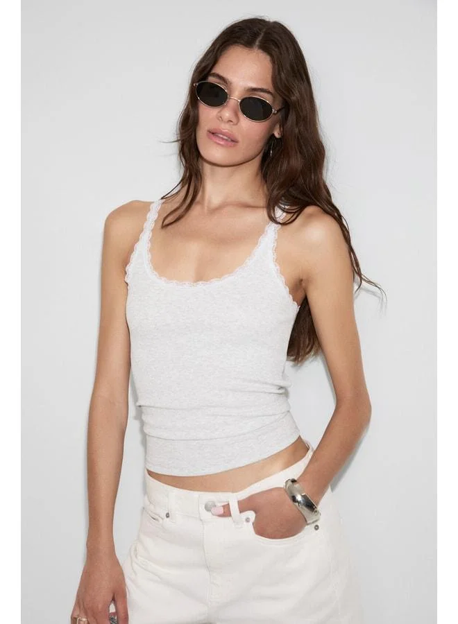 Ethiquet BARRY Women's Regular Fit Normal-Shape Cotton Lace Detailed Thin-Strap Cutout Neck Striped Tank Top.