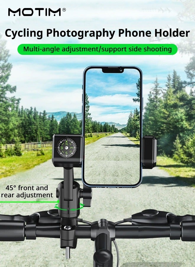 موتيم حامل هاتف للدراجات والدراجات النارية، حامل هاتف قابل للتدوير بزاوية 360 درجة ومزود بمصباح يدوي وبوصلة، مشبك حامل هاتف محمول للدراجات مقاوم للاهتزاز ومثبت، مناسب لجميع الهواتف الذكية - Image 4