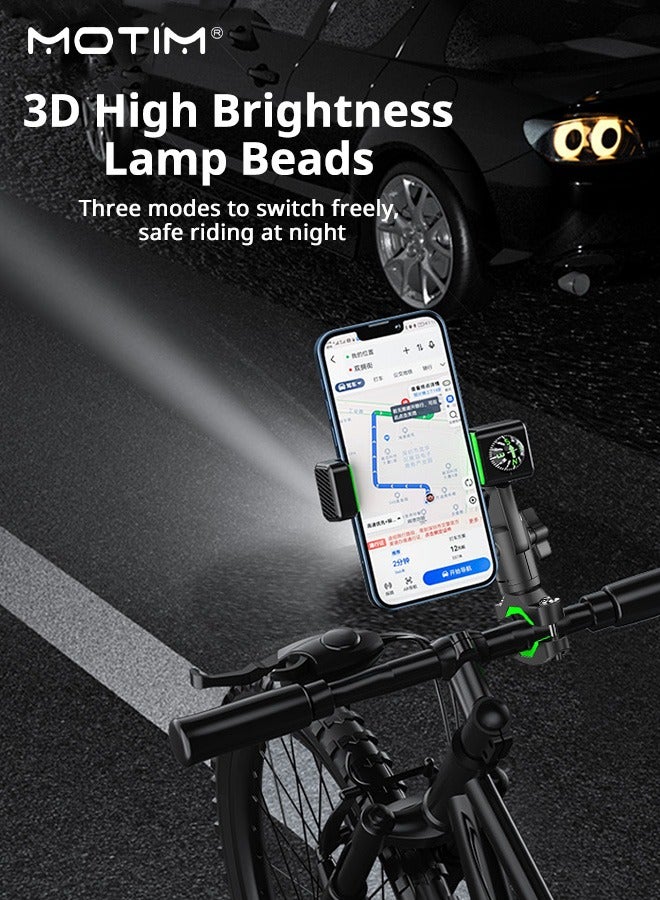 موتيم حامل هاتف للدراجات والدراجات النارية، حامل هاتف قابل للتدوير بزاوية 360 درجة ومزود بمصباح يدوي وبوصلة، مشبك حامل هاتف محمول للدراجات مقاوم للاهتزاز ومثبت، مناسب لجميع الهواتف الذكية - Image 3