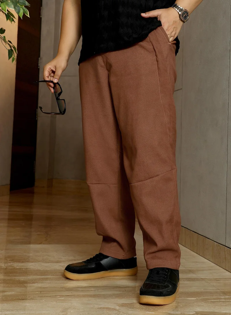 انستافاب بلس Instafab Plus Men's Rust Brown Twill-Panelled Chino Trousers | Mid Rise , Straight Hem , Button Closure | Solid Twill Polyester Material For Street & Casual Wear