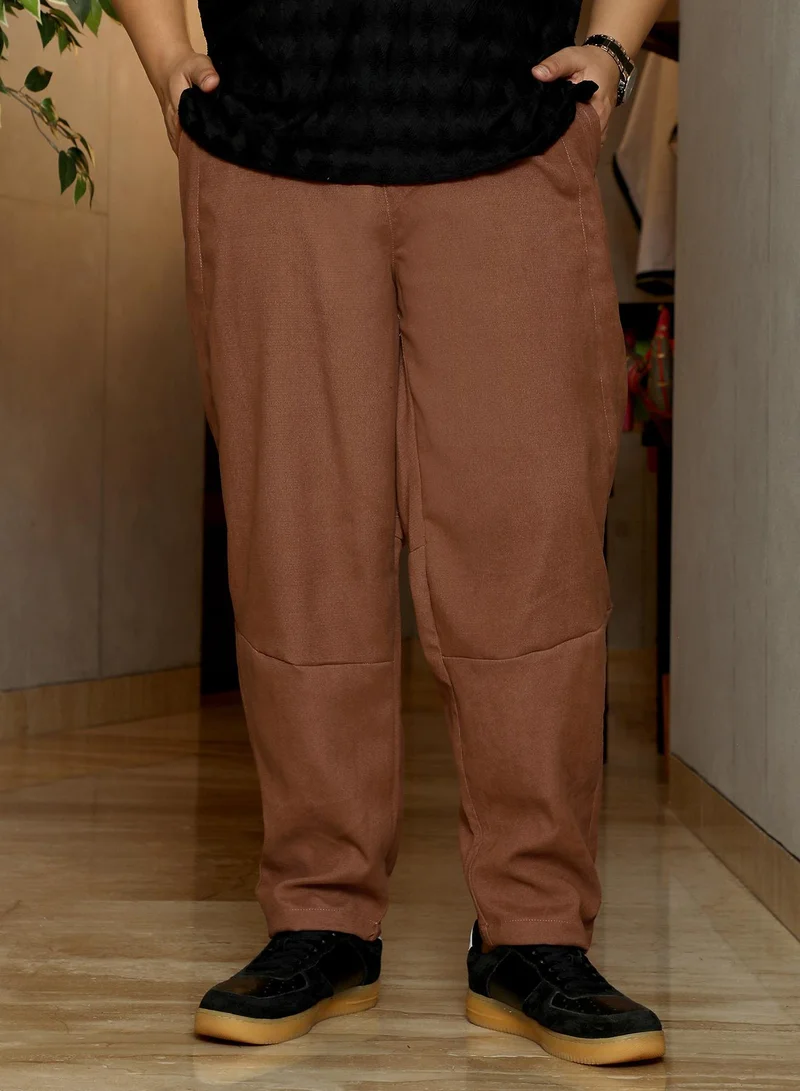 انستافاب بلس Instafab Plus Men's Rust Brown Twill-Panelled Chino Trousers | Mid Rise , Straight Hem , Button Closure | Solid Twill Polyester Material For Street & Casual Wear