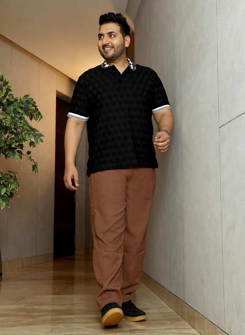 Instafab Plus Men's Rust Brown Twill-Panelled Chino Trousers بنطلونات | مقاسات كبيرة | يومية | مريحة | كاجوال | للاستخدام اليومي