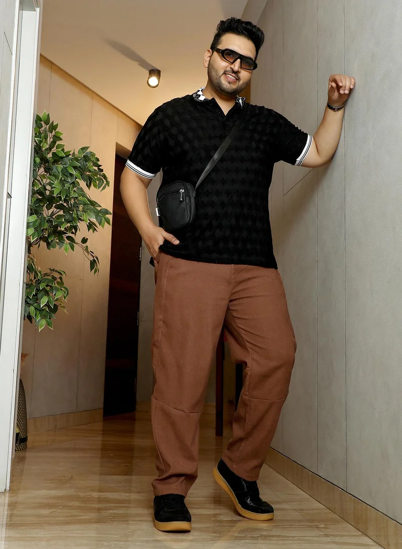 Instafab Plus Men's Rust Brown Twill-Panelled Chino Trousers بنطلونات | مقاسات كبيرة | يومية | مريحة | كاجوال | للاستخدام اليومي