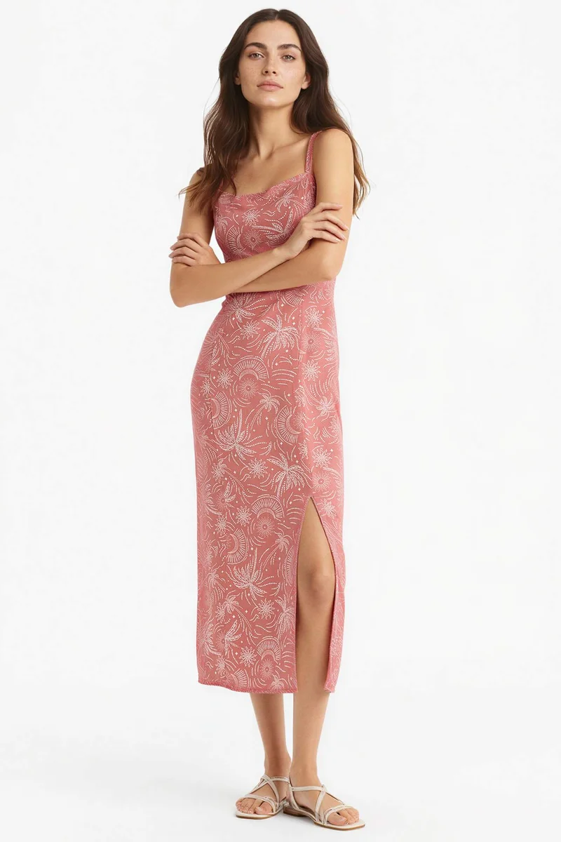 ديفاكتو Square Collar Patterned Linen Blend Strappy Midi Dress