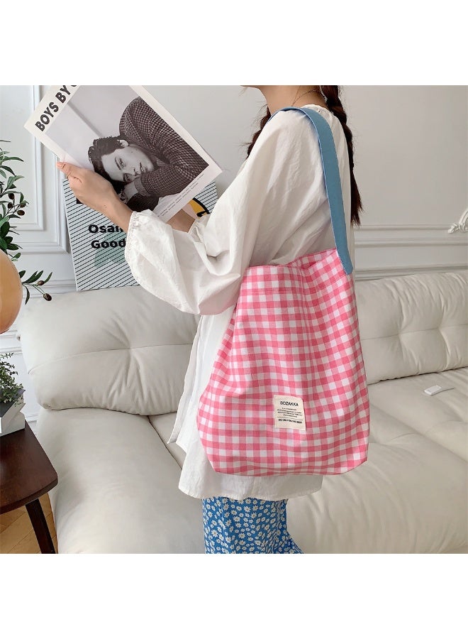 Canvas Bag, Women's Color-matched Checkered Single-shoulder Cloth Bag, College Student's Artistic Commuting Tote Bag  - Image 2