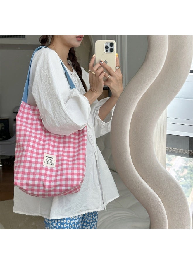 Canvas Bag, Women's Color-matched Checkered Single-shoulder Cloth Bag, College Student's Artistic Commuting Tote Bag  - Image 4