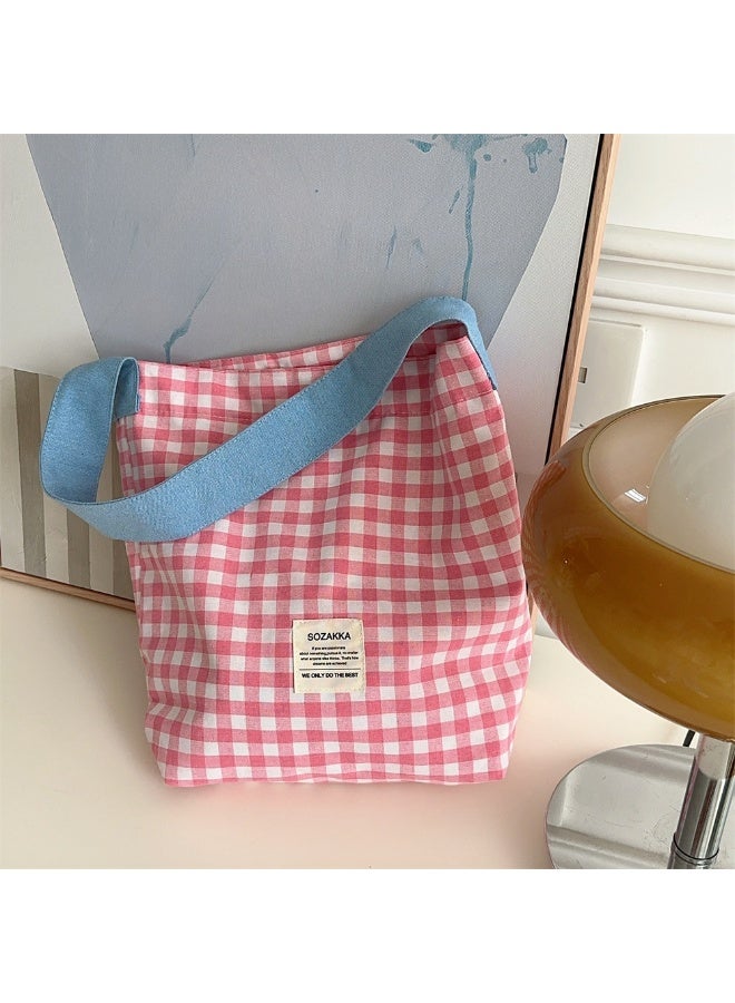 Canvas Bag, Women's Color-matched Checkered Single-shoulder Cloth Bag, College Student's Artistic Commuting Tote Bag  - Image 1