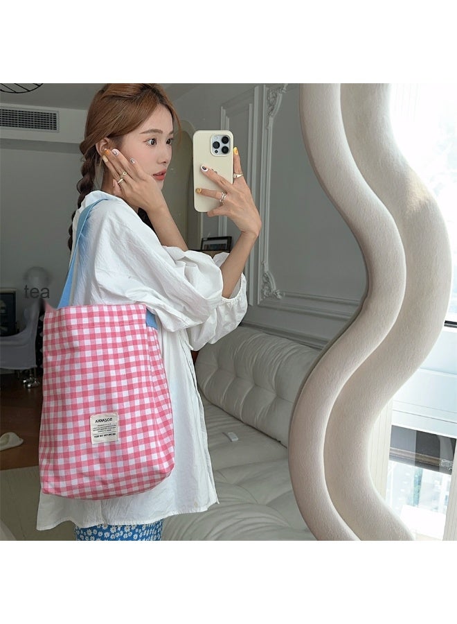 Canvas Bag, Women's Color-matched Checkered Single-shoulder Cloth Bag, College Student's Artistic Commuting Tote Bag  - Image 3