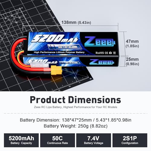 Zeee 2S Lipo Battery 7.4V 5200mAh 50C Battery with XT60 Plug Hard Case for 1/8 1/10 RC Vehicles Car Slash RC Buggy Truggy RC Airplane(2 Pack) - Image 2