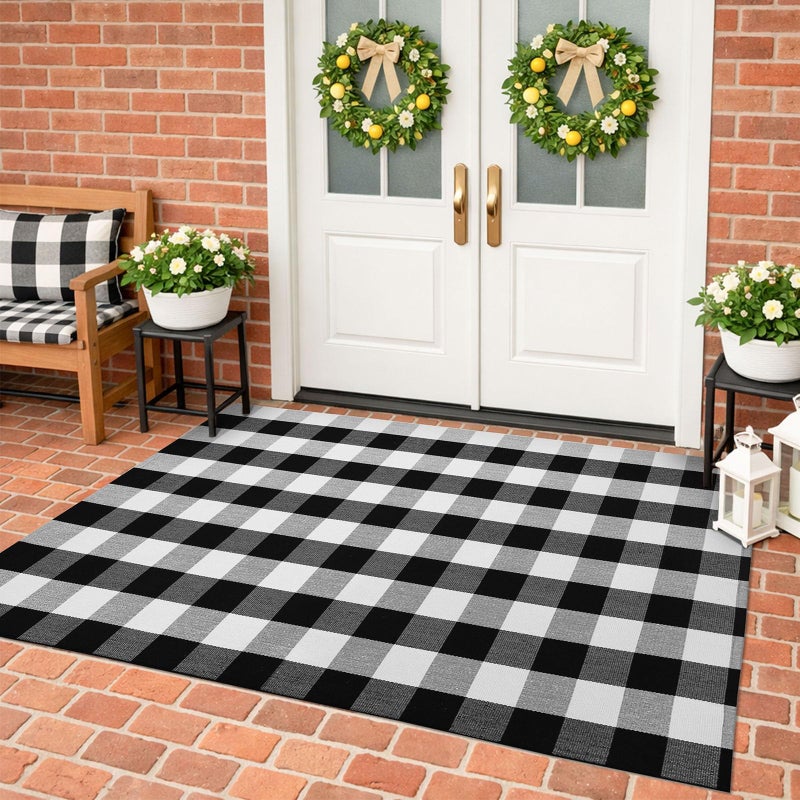 KILOCOCO 4x6 Buffalo Plaid Checkered Rug Outdoor Indoor Black and White Rugs Front Door Rug Low Pile Cotton Washable Front Porch Rugs Layered Doormats for Living Room Bedroom Kitchen Farmhouse Entry - Image 1
