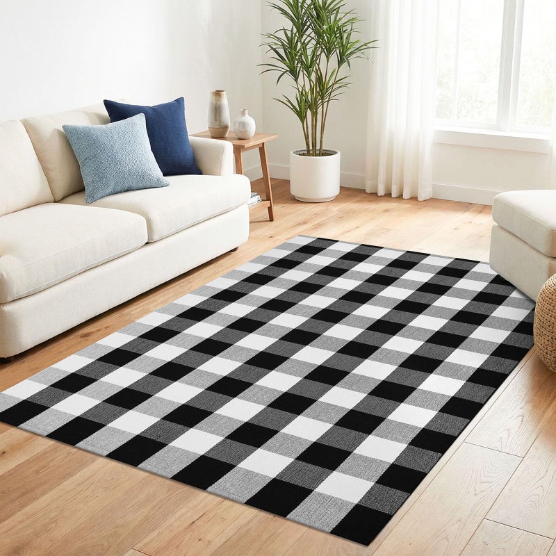 KILOCOCO 4x6 Buffalo Plaid Checkered Rug Outdoor Indoor Black and White Rugs Front Door Rug Low Pile Cotton Washable Front Porch Rugs Layered Doormats for Living Room Bedroom Kitchen Farmhouse Entry - Image 3