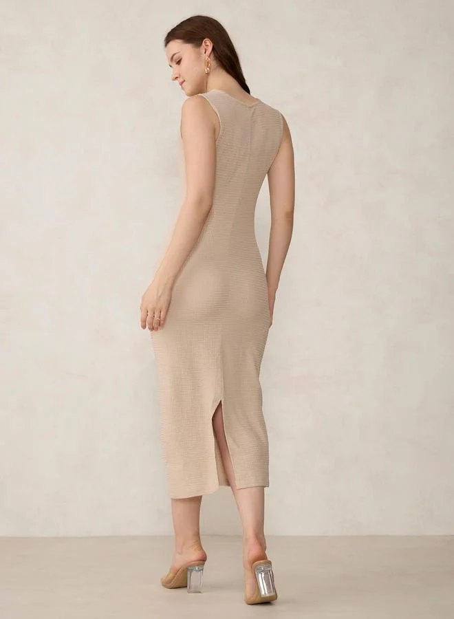 Outzidr  Beige Textured Knit Bodycon Midi Dress for Women | Best Price UAE