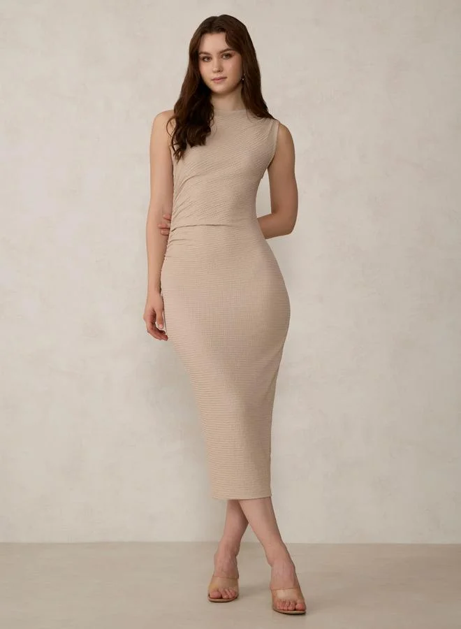 Outzidr  Beige Textured Knit Bodycon Midi Dress for Women | Best Price UAE