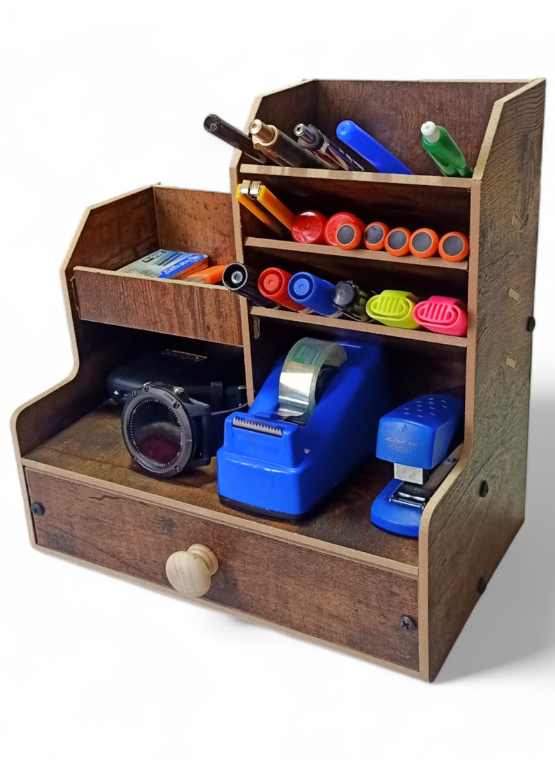 Generic Wooden Desk Organizer, Desk Organizer with Drawer, Multifunctional Desk Pen Holder, Pen Holder for Office Home School Pens (Beige)  - Image 2