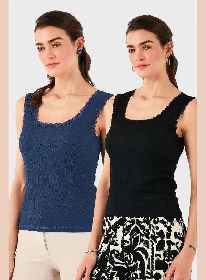 Lela Lela Slim Fit Thick Lace Square Neck Crepe 2-Pack Undershirt Women's Undershirt 5864979S2