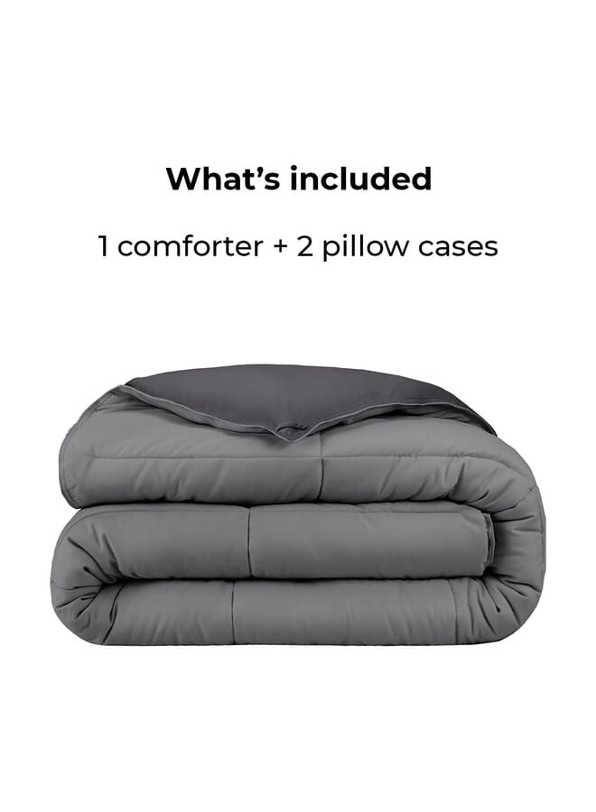 3Pcs Reversible Heavy Comforter Set - 4Kgs - Down Alternative Filling - (For Matress 180cm/200cm) - Size  (250cm x 240cm) + 2 Pillow Case Covers (50cm x 70cm) - Dark Grey x Grey