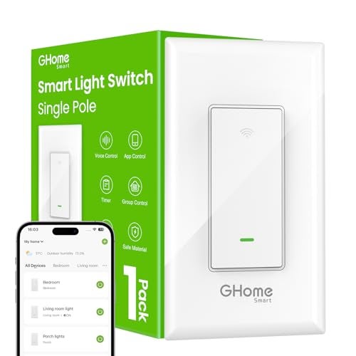 GHome Smart Switches for Lights, WiFi Smart Light Switch Works with Alexa and Google Home, Single-Pole, Neutral Wire Required, 2.4Ghz WiFi Light Switch with APP Control, No Hub Required, UL FCC Listed - Image 1