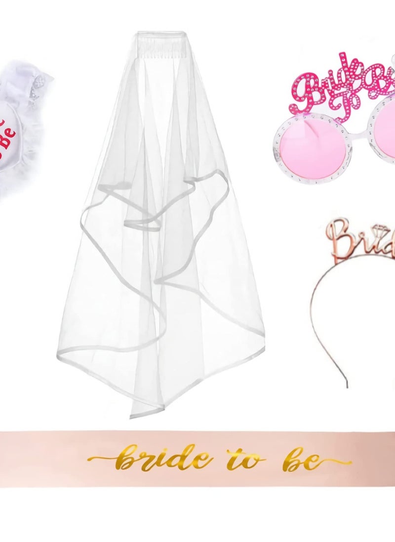 Excefore Bachelorette Party Decorations 5-Pack, Bride-to-Be Sash, Veil, Crown, Garter, and Glasses - Complete Bridal Shower and Wedding Accessories Kit  - Image 1