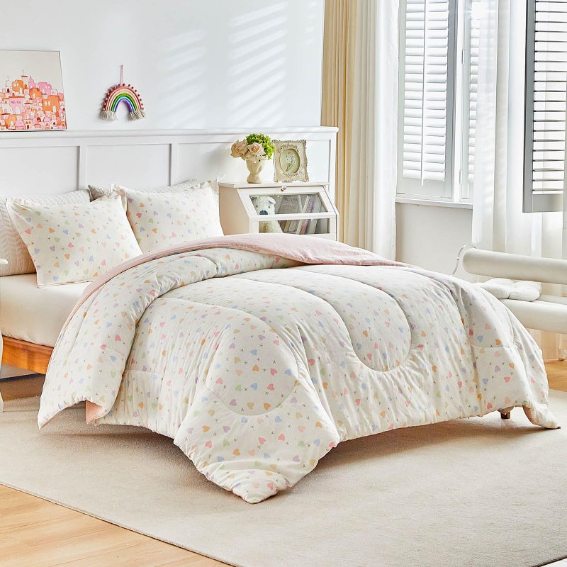 Joyreap 3pcs Cotton Comforter Set for Girls, Colorful Heart Bowknots Lovely Pink Design, Queen Size Soft Cozy Lightweight Kids Bedding Comforter Set for All Seasons- 88x88 inches - Image 2