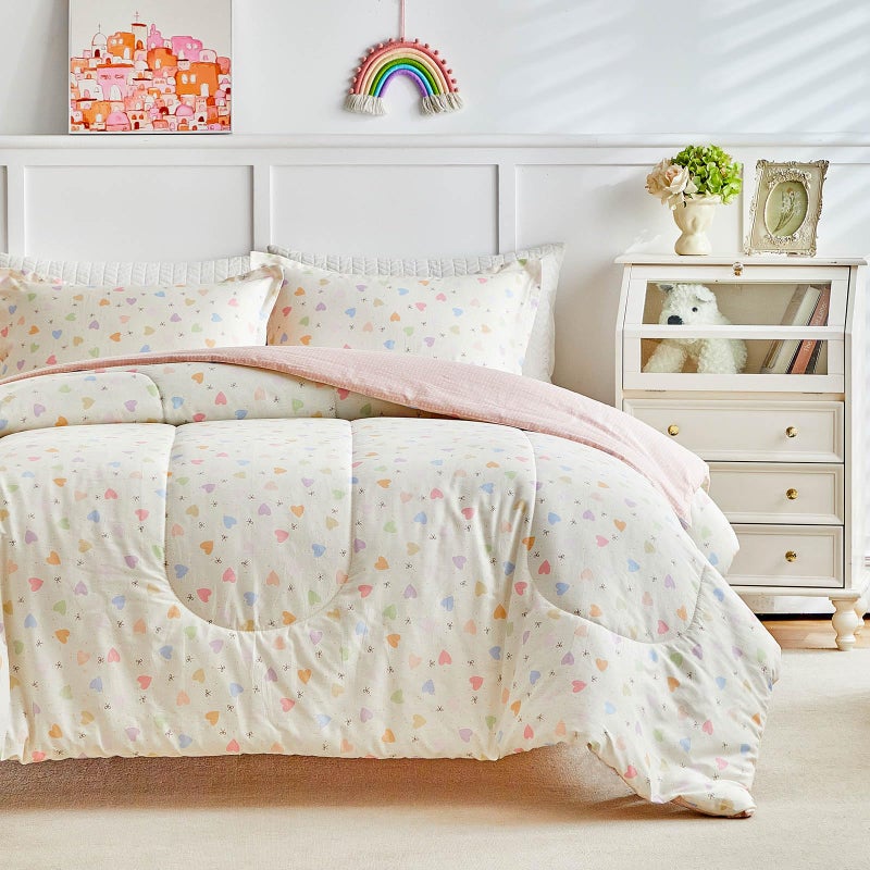 Joyreap 3pcs Cotton Comforter Set for Girls, Colorful Heart Bowknots Lovely Pink Design, Queen Size Soft Cozy Lightweight Kids Bedding Comforter Set for All Seasons- 88x88 inches - Image 3