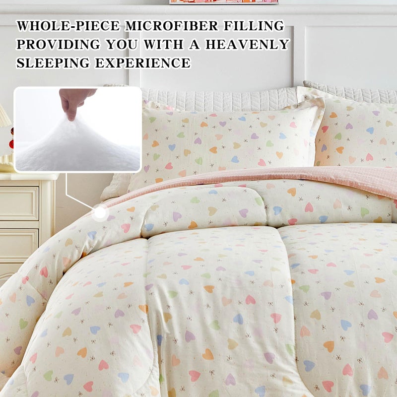 Joyreap 3pcs Cotton Comforter Set for Girls, Colorful Heart Bowknots Lovely Pink Design, Queen Size Soft Cozy Lightweight Kids Bedding Comforter Set for All Seasons- 88x88 inches - Image 5