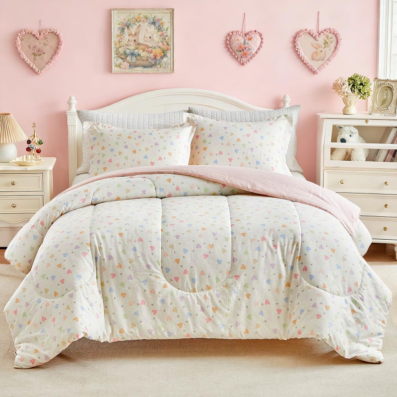 Joyreap 3pcs Cotton Comforter Set for Girls, Colorful Heart Bowknots Lovely Pink Design, Queen Size Soft Cozy Lightweight Kids Bedding Comforter Set for All Seasons- 88x88 inches - Image 1