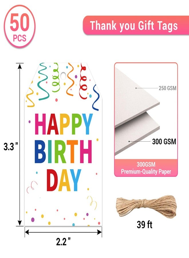 TQQBUU 50pcs Happy Birthday Tags with String, Punched Hole Gift Tags -Perfect for Goodie Bags and Birthday Party (3.3" x 2.2") - Colorful - Image 2