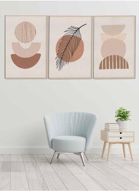 Set Of 3 Canvas Wall Arts Stretched Over Wooden Frame Leaves and Shapes Paintings