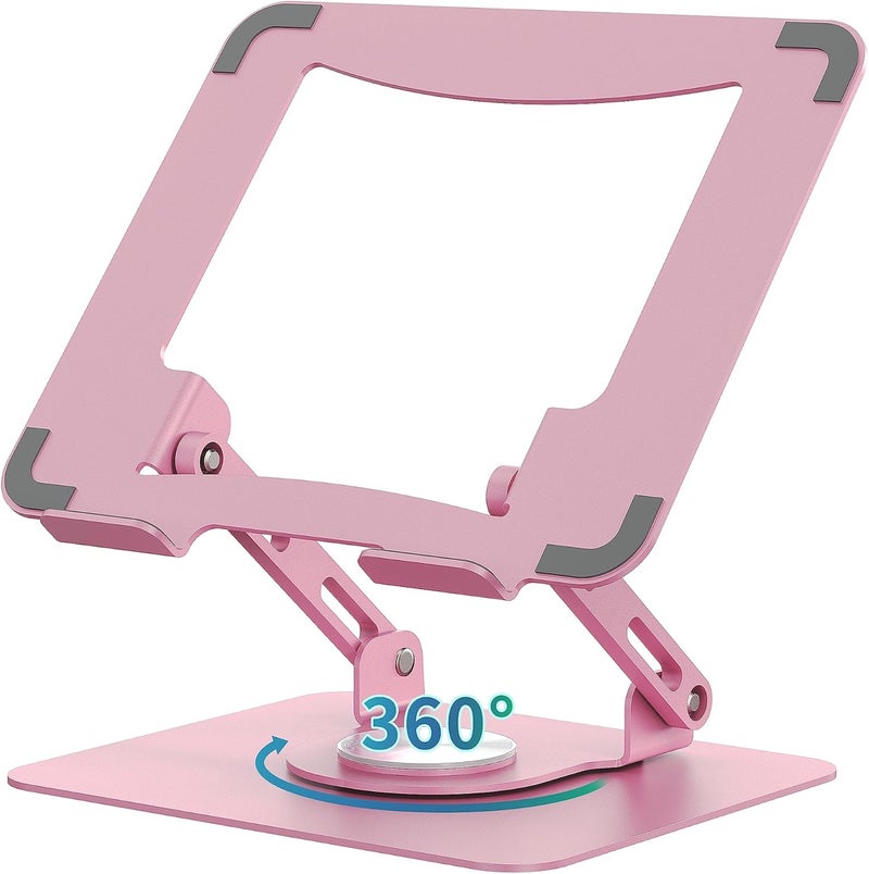 SOUNDANCE Laptop Stand with 360° Rotating Base, Ergonomic Computer Riser for Desk, Adjutable Height Muti-Angle, Foldable Laptop Mount, Stable Metal Holder Support 10-15.6" Notebook PC, Pink - Image 1