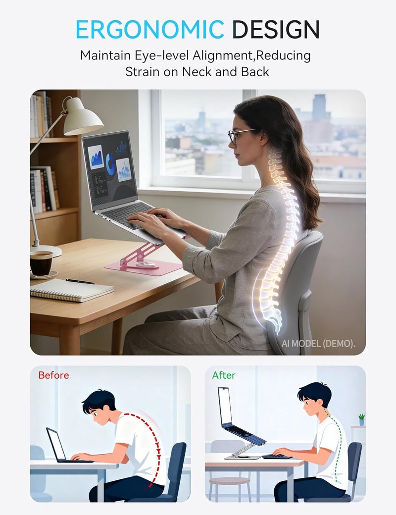 SOUNDANCE Laptop Stand with 360° Rotating Base, Ergonomic Computer Riser for Desk, Adjutable Height Muti-Angle, Foldable Laptop Mount, Stable Metal Holder Support 10-15.6" Notebook PC, Pink - Image 3