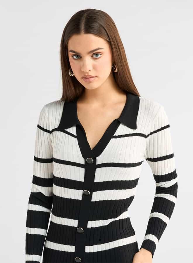 سبلاش فيڤ فستان قميص مخطط بياقة عادية وأكمام طويلة - Image 3