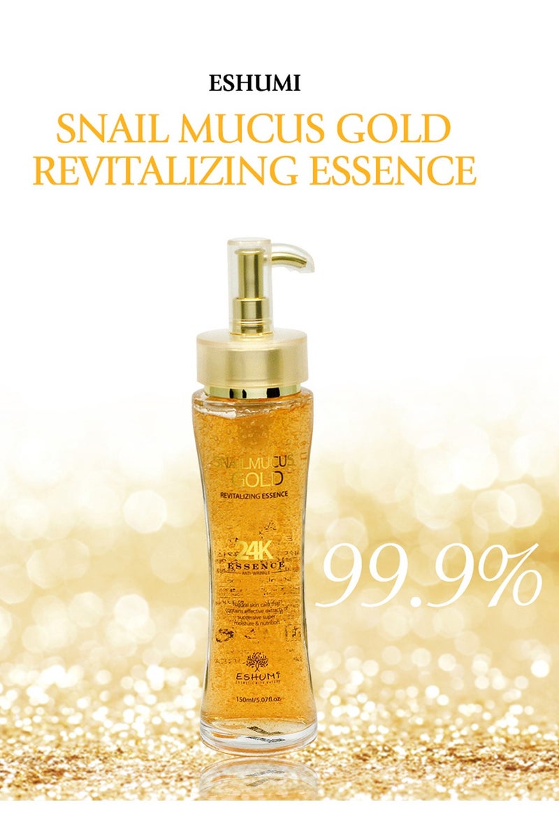 Eshumi Gold Mucus Revitalizing Essence 150ml combines snail mucin and gold extracts to deeply hydrate, boost skin vitality, improve firmness, and reveal a luminous, youthful glow. - Image 1
