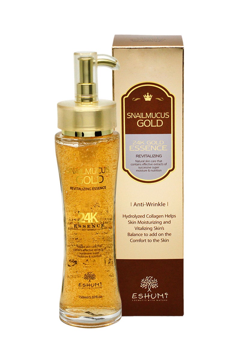 Eshumi Gold Mucus Revitalizing Essence 150ml combines snail mucin and gold extracts to deeply hydrate, boost skin vitality, improve firmness, and reveal a luminous, youthful glow. - Image 2