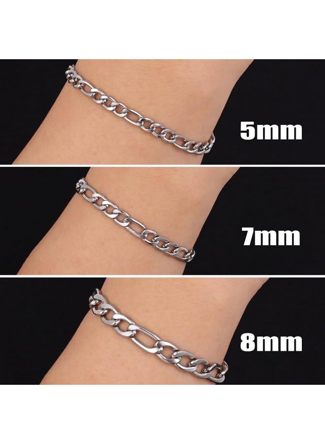 Fiusem Silver Tone Figaro Mens Bracelet, 5/7/8mm Stainless Steel Link Chain Bracelets for Men, 6.7"/7.5"/8.3"/9.0" Length, 7.5 inches, Stainless Steel, no gemstone - Image 5