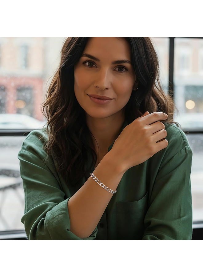 Fiusem Silver Tone Figaro Mens Bracelet, 5/7/8mm Stainless Steel Link Chain Bracelets for Men, 6.7"/7.5"/8.3"/9.0" Length, 7.5 inches, Stainless Steel, no gemstone - Image 3