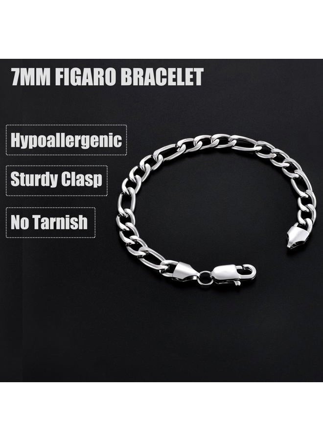 Fiusem Silver Tone Figaro Mens Bracelet, 5/7/8mm Stainless Steel Link Chain Bracelets for Men, 6.7"/7.5"/8.3"/9.0" Length, 7.5 inches, Stainless Steel, no gemstone - Image 4