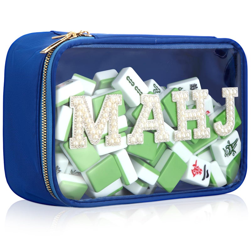 SilTriangle Empty Mahjong Tile Bag American PVC Clear Mahjong Case Size 166 Waterproof Zippered Storage Tile Holder Rack Bag for Game Lover Gift Travel, Case Only (Navy Blue,Mahj) - Image 1