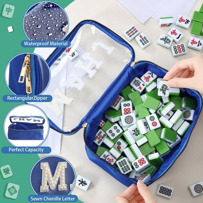 SilTriangle Empty Mahjong Tile Bag American PVC Clear Mahjong Case Size 166 Waterproof Zippered Storage Tile Holder Rack Bag for Game Lover Gift Travel, Case Only (Navy Blue,Mahj) - Image 3