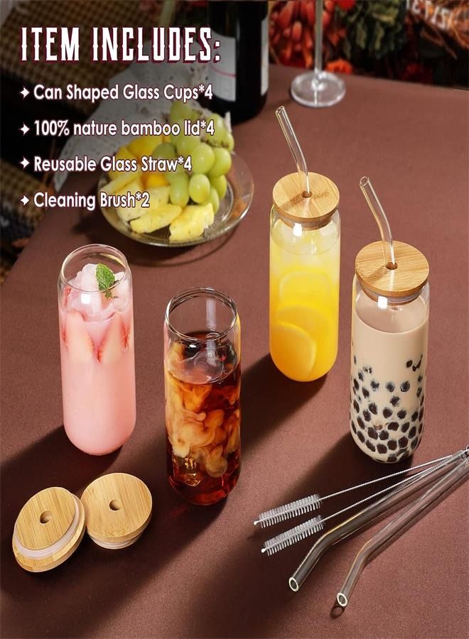 Drinking Glasses with Bamboo Lids and Glass Straw 4pcs Set - 16oz Can Shaped Glass Cups, Iced Coffee Glasses, Cute Tumbler Cup, Ideal for Cocktail, Gift - 1 Cleaning Brushes  - Image 2