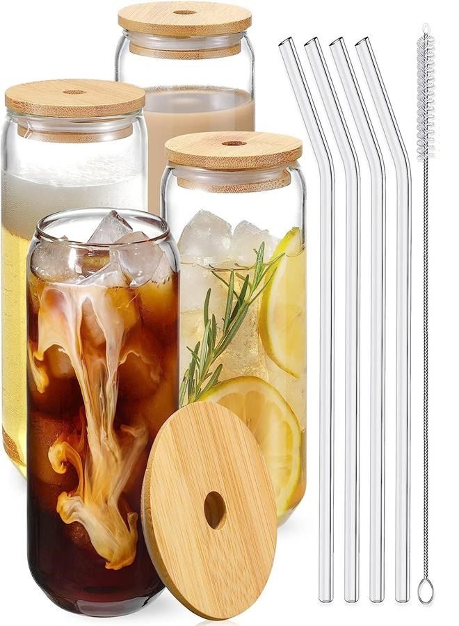 Drinking Glasses with Bamboo Lids and Glass Straw 4pcs Set - 16oz Can Shaped Glass Cups, Iced Coffee Glasses, Cute Tumbler Cup, Ideal for Cocktail, Gift - 1 Cleaning Brushes  - Image 1