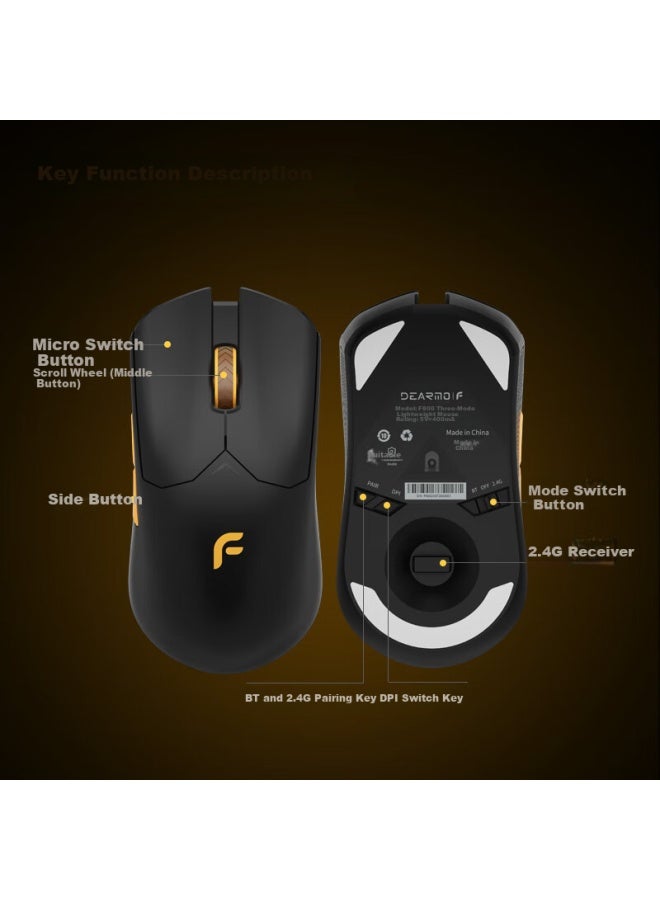 Dearmo F800 Gaming Mouse, Wireless Mouse, Bluetooth Mouse, Paw3395 Sensor, Lightweight Three-mode Mouse Without Buttons, Rechargeable Long Battery Life, Black And Gold Editio - Image 5