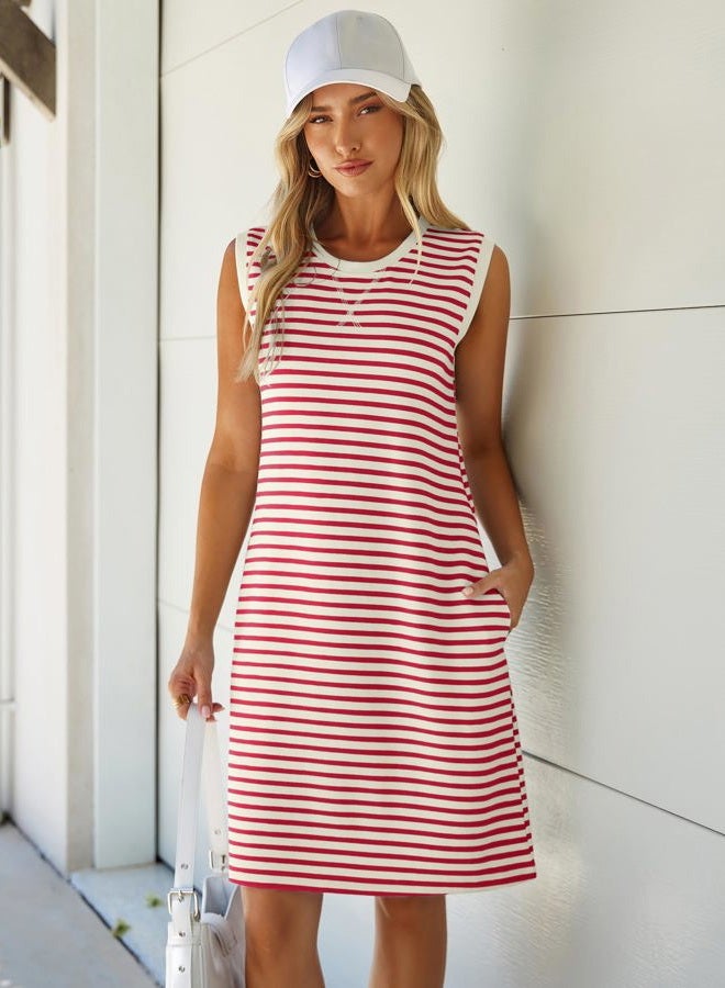 Glamaker Womens Summer Tshirt Dresses Casual Sleeveless Striped Shift Tank Short Sundress Boho Beach Vacation Outfits 2026, White Red Stripe, M - Image 2