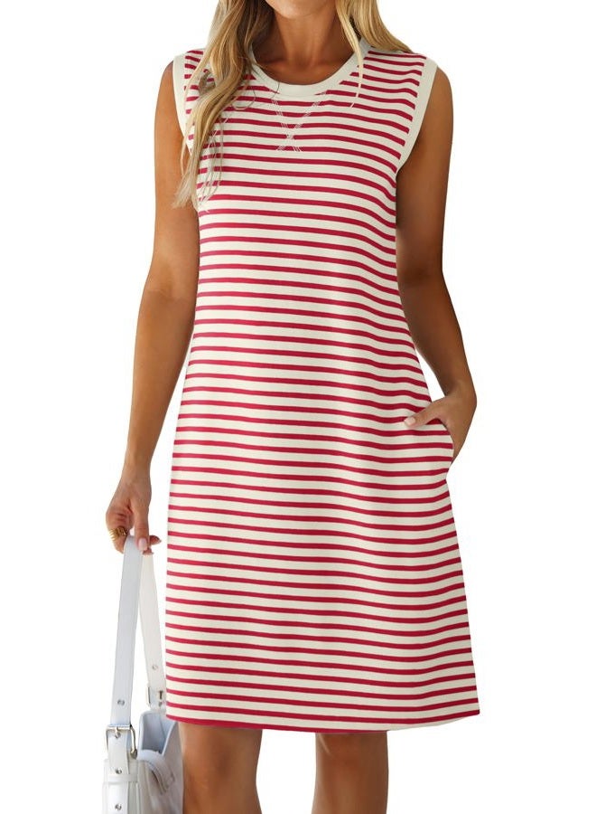 Glamaker Womens Summer Tshirt Dresses Casual Sleeveless Striped Shift Tank Short Sundress Boho Beach Vacation Outfits 2026, White Red Stripe, M - Image 1