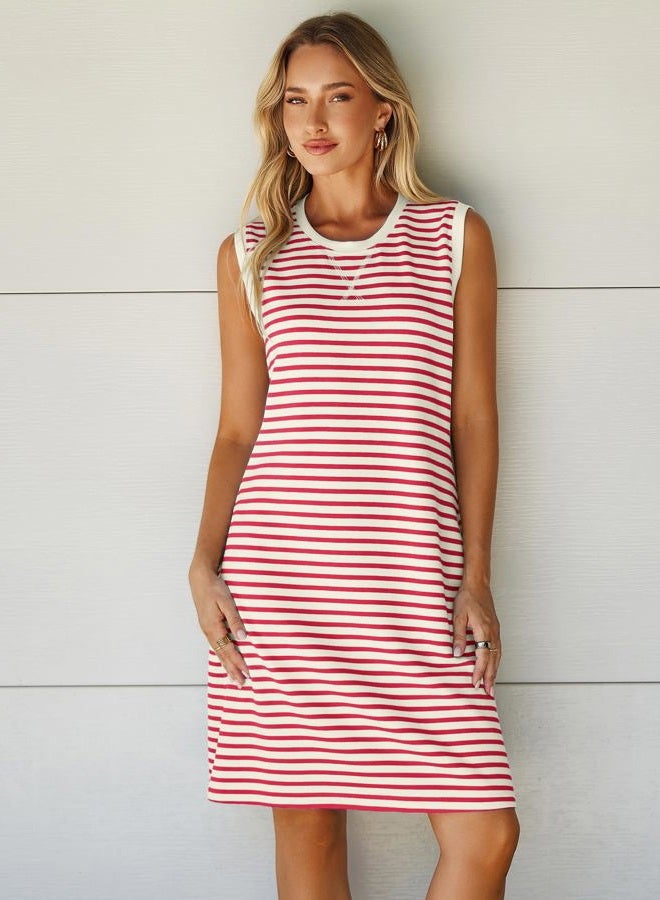 Glamaker Womens Summer Tshirt Dresses Casual Sleeveless Striped Shift Tank Short Sundress Boho Beach Vacation Outfits 2026, White Red Stripe, M - Image 4