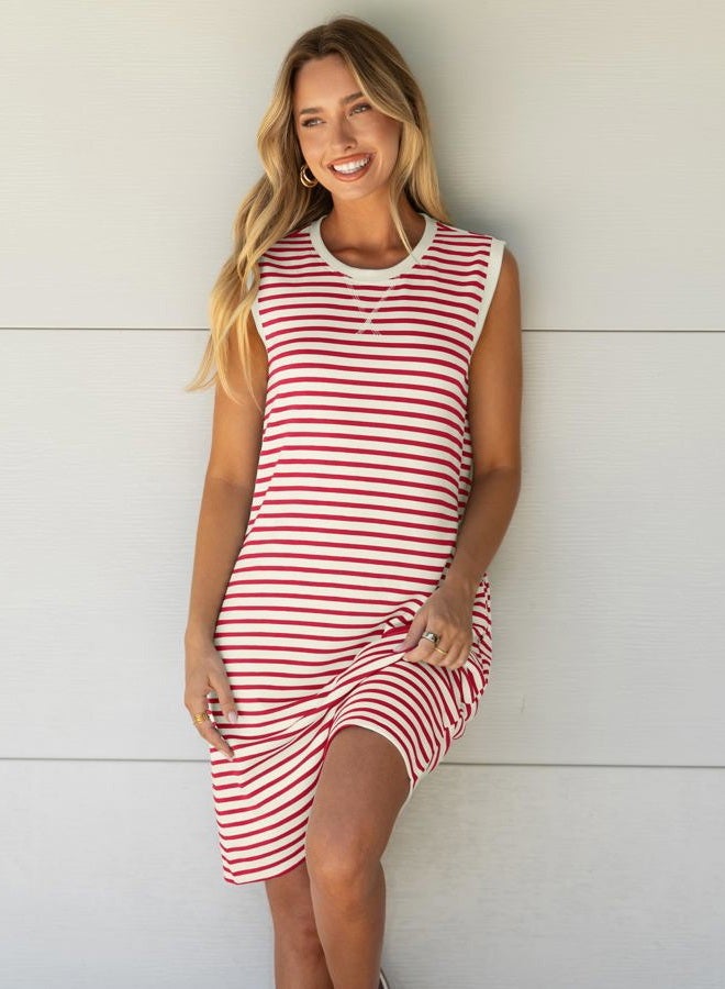 Glamaker Womens Summer Tshirt Dresses Casual Sleeveless Striped Shift Tank Short Sundress Boho Beach Vacation Outfits 2026, White Red Stripe, M - Image 5