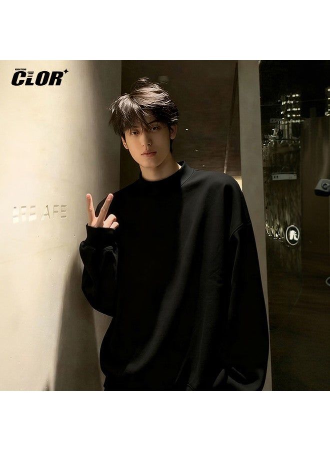 Clor Men's Half Turtleneck Long Sleeve T-shirt Autumn Winter Thermal Base Layer German Velvet Sweatshirt Cxt04 Black 4XL
